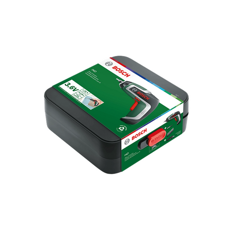 Schwarzer Bosch-Werkzeugkoffer in grüner und roter Verpackung, mit einem Bosch Akku-Schrauber IXO 7, 3,6 V 2 Ah mit Lithium-Ionen-Akku auf dem Etikett.