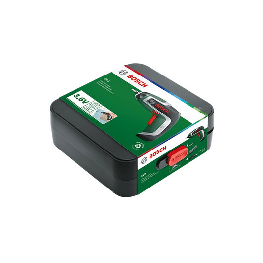 Schwarzer Bosch-Werkzeugkoffer in grüner und roter Verpackung, mit einem Bosch Akku-Schrauber IXO 7, 3,6 V 2 Ah mit Lithium-Ionen-Akku auf dem Etikett.