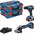 Das Bosch Professional 18V-Set enthält den Akku-Bohrschrauber GSR 18V-55, den Winkelschleifer GWS 18V-7, Akkus, Ladegerät und L-BOXX Werkzeugkoffer. Die Werkzeuge haben rote und schwarze Akzente mit sichtbarem Bosch Schriftzug.