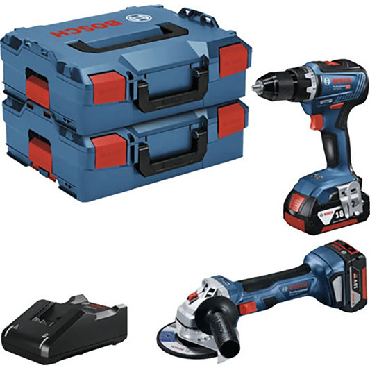 Das Bosch Professional 18V-Set enthält den Akku-Bohrschrauber GSR 18V-55, den Winkelschleifer GWS 18V-7, Akkus, Ladegerät und L-BOXX Werkzeugkoffer. Die Werkzeuge haben rote und schwarze Akzente mit sichtbarem Bosch Schriftzug.