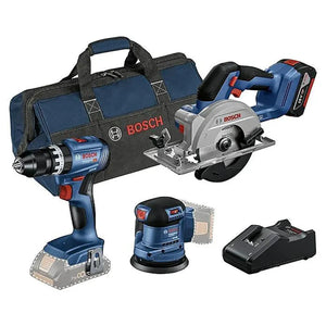 Das Bosch Professional 18V Combo-Kit - Schlagbohrschrauber, Kreissäge & Exzenterschleifer von Bosch ist mit einer blauen Tragetasche, einem Ladegerät und zwei Akkus (AMPShare 18V Akku-System) übersichtlich auf weißem Hintergrund dargestellt.
