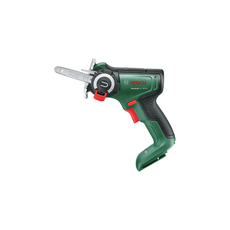 Eine grün-schwarze Bosch UniversalCut 18V-65 Akku-Säge mit NanoBlade-Technologie von Bosch mit kurzer Klinge, ergonomischem Griff, roten Bedientasten und seitlicher Schutzvorrichtung ist auf einem schlichten weißen Hintergrund abgebildet.