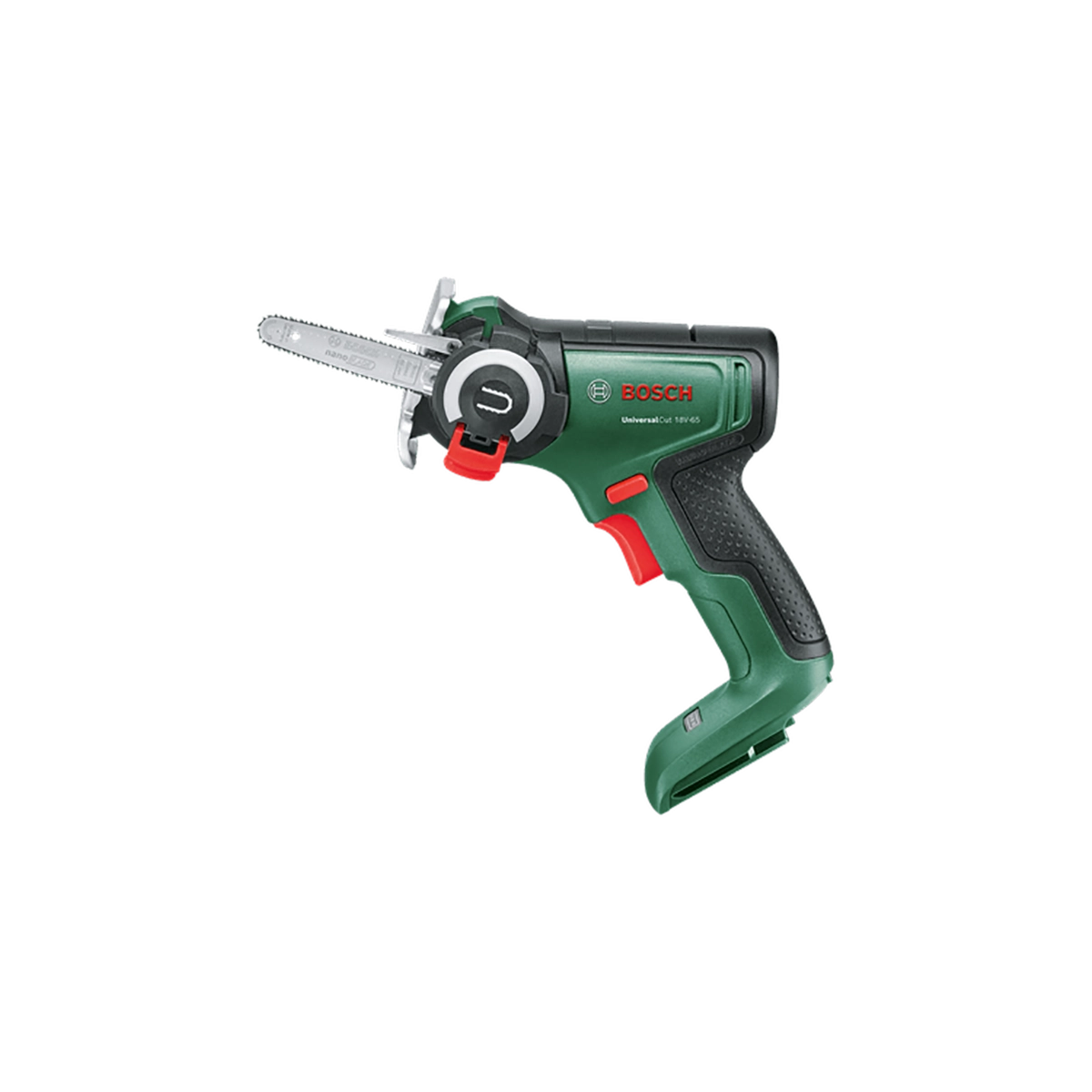 Eine grün-schwarze Bosch UniversalCut 18V-65 Akku-Säge mit NanoBlade-Technologie von Bosch mit kurzer Klinge, ergonomischem Griff, roten Bedientasten und seitlicher Schutzvorrichtung ist auf einem schlichten weißen Hintergrund abgebildet.