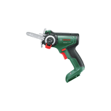 Eine grün-schwarze Bosch UniversalCut 18V-65 Akku-Säge mit NanoBlade-Technologie von Bosch mit kurzer Klinge, ergonomischem Griff, roten Bedientasten und seitlicher Schutzvorrichtung ist auf einem schlichten weißen Hintergrund abgebildet.