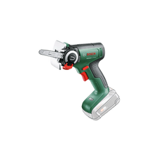Die Bosch UniversalCut 18V-65 Akku-Säge mit NanoBlade-Technologie ist eine kompakte grüne Mini-Kettensäge mit schwarzem Griff, rotem Abzug und kleiner silberner Führungsschiene, hier ohne Akku.