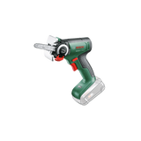 Die Bosch UniversalCut 18V-65 Akku-Säge mit NanoBlade-Technologie ist eine kompakte grüne Mini-Kettensäge mit schwarzem Griff, rotem Abzug und kleiner silberner Führungsschiene, hier ohne Akku.