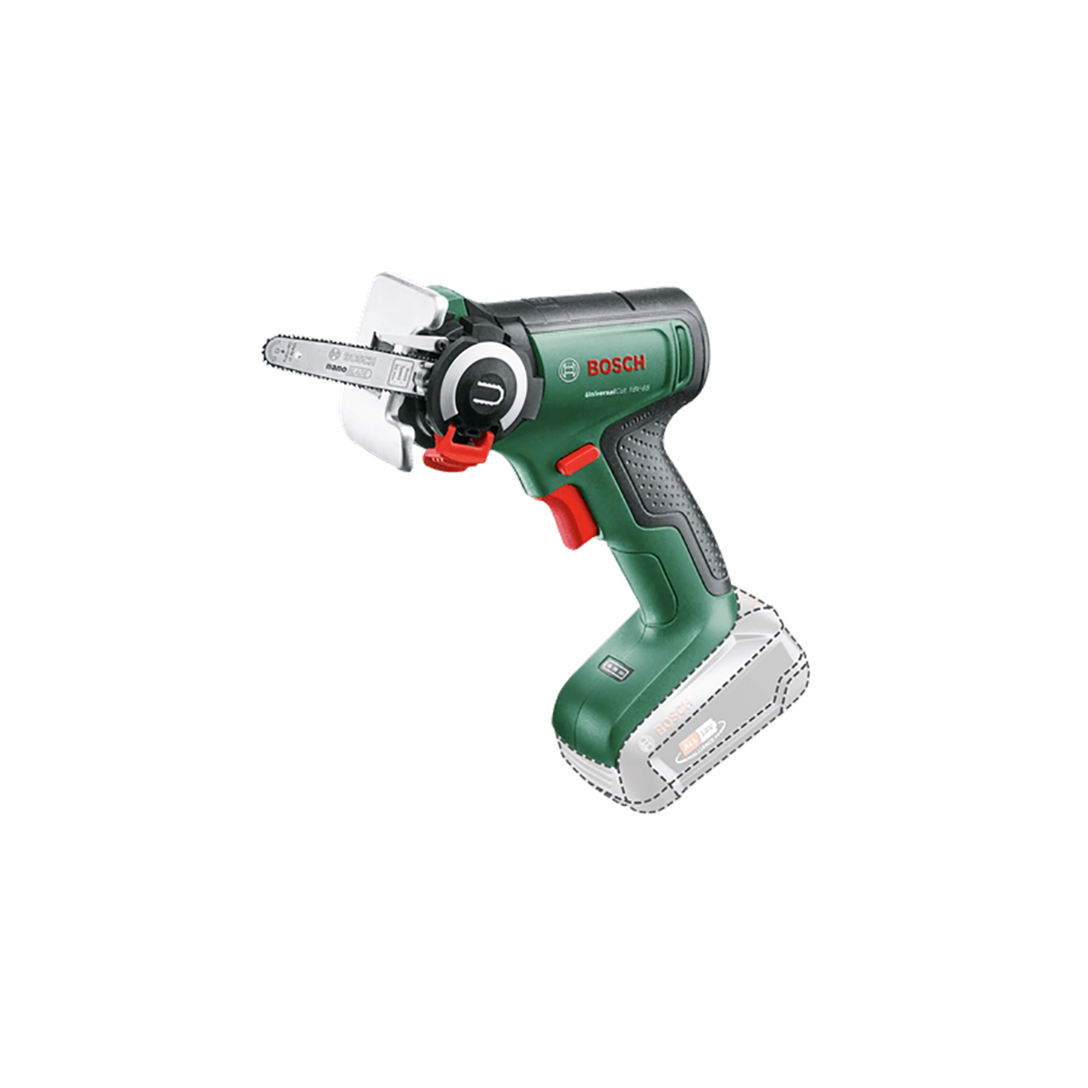 Die Bosch UniversalCut 18V-65 Akku-Säge mit NanoBlade-Technologie ist eine kompakte grüne Mini-Kettensäge mit schwarzem Griff, rotem Abzug und kleiner silberner Führungsschiene, hier ohne Akku.
