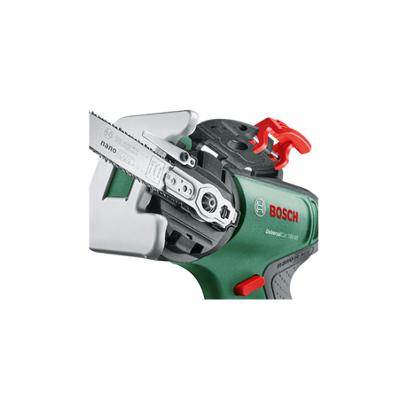 Nahaufnahme der Bosch UniversalCut 18V-65 Akku-Säge mit NanoBlade-Technologie, mit Metallklingenaufsatz, rotem Hebel und markantem Bosch-Logo.