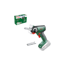 Die Bosch UniversalCut 18V-65 Akku-Säge mit NanoBlade-Technologie von Bosch hat ein schwarz-grünes Design, einen roten Abzug, eine Ersatzklinge und ist mit der Verpackungsbox im Hintergrund abgebildet.