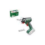 Die Bosch UniversalCut 18V-65 Akku-Säge mit NanoBlade-Technologie von Bosch hat ein schwarz-grünes Design, einen roten Abzug, eine Ersatzklinge und ist mit der Verpackungsbox im Hintergrund abgebildet.