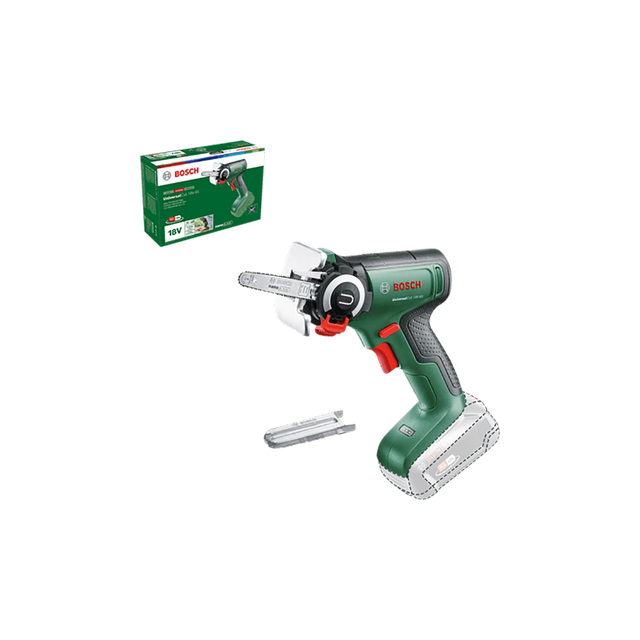 Die Bosch UniversalCut 18V-65 Akku-Säge mit NanoBlade-Technologie von Bosch hat ein schwarz-grünes Design, einen roten Abzug, eine Ersatzklinge und ist mit der Verpackungsbox im Hintergrund abgebildet.