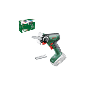 Die Bosch UniversalCut 18V-65 Akku-Säge mit NanoBlade-Technologie von Bosch hat ein schwarz-grünes Design, einen roten Abzug, eine Ersatzklinge und ist mit der Verpackungsbox im Hintergrund abgebildet.