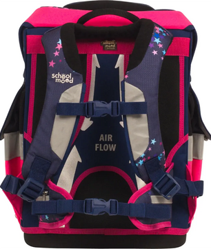 Das School-Mood Timeless Pro Schulranzen-Set 7-teilig "Leni" ist ein rosa und marineblauer Schulranzen mit Sternenmuster und verstellbaren, gepolsterten Schultergurten für ergonomischen Komfort.