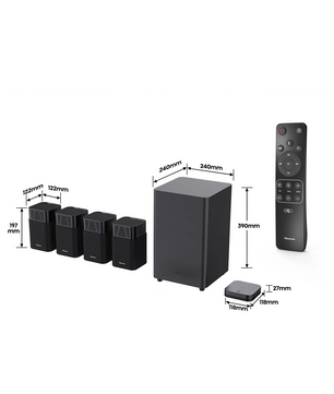 Das Hisense HT Saturn Surround-Sound - schwarz besteht aus vier kompakten Lautsprechern, einem kabellosen Subwoofer, einer Fernbedienung und einer kleinen Soundbar, die jeweils mit den Abmessungen angegeben sind.