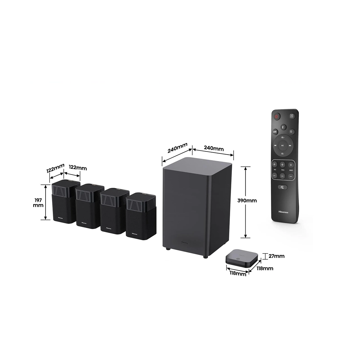 Das Hisense HT Saturn Surround-Sound - schwarz besteht aus vier kompakten Lautsprechern, einem kabellosen Subwoofer, einer Fernbedienung und einer kleinen Soundbar, die jeweils mit den Abmessungen angegeben sind.