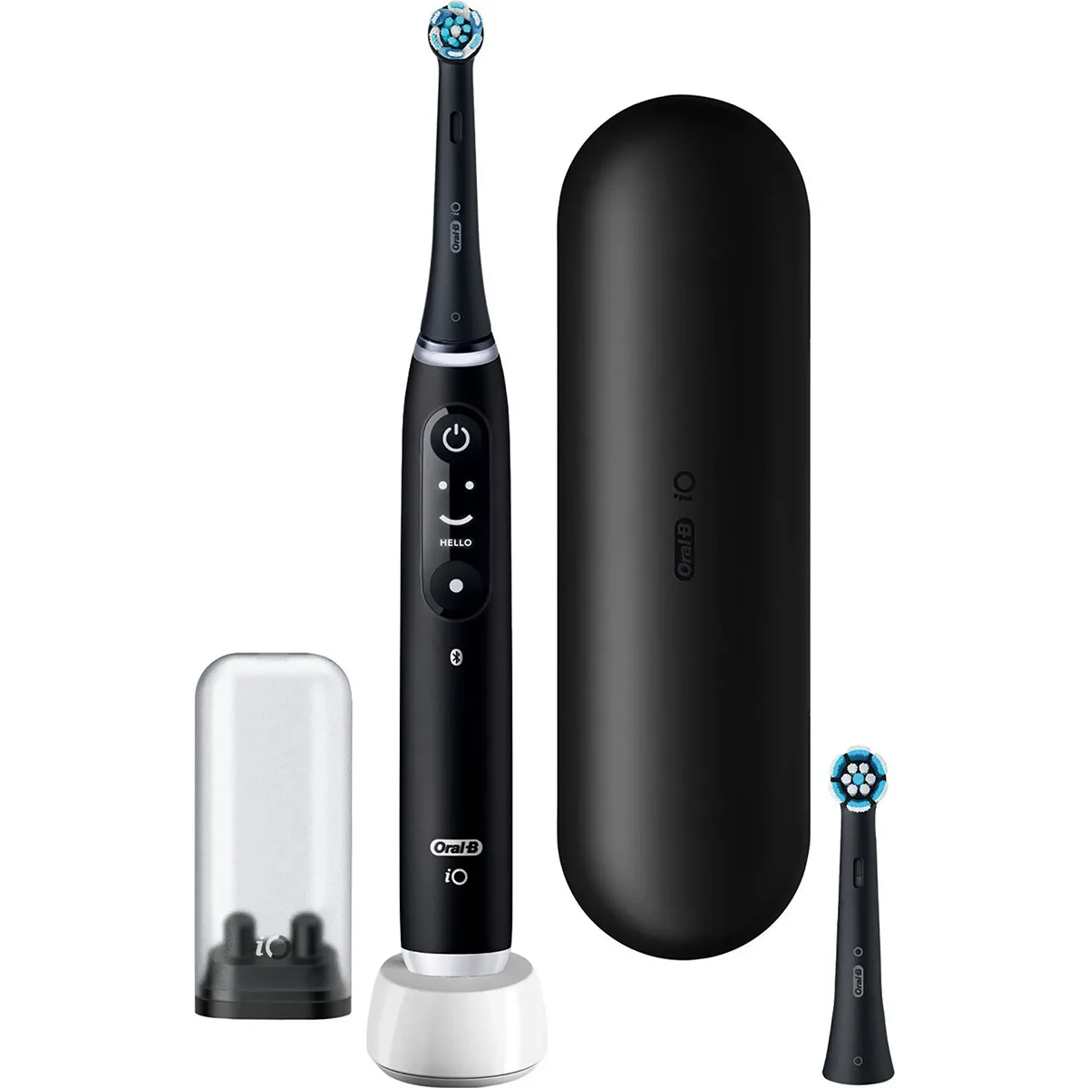 Das Oral-B iO Series 6N Set in Schwarz enthält zwei Bürstenköpfe, eine Ladestation und ein Reiseetui - ausgestattet mit innovativer magnetischer iO-Technologie und kompatibel mit der Oral-B iO Series 6.