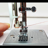 Nahaufnahme einer Nähmaschinennadel beim Einfädeln, wobei ein Finger den Faden führt - ein Beispiel für die Präzision und Leichtigkeit der CARINA Classic II von CARINA.