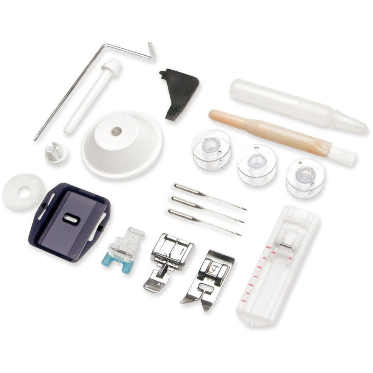 Die CARINA Power Stretch II von CARINA wird mit unverzichtbarem Nähmaschinenzubehör geliefert - Nähfüße, Spulen, Nadeln, Nahttrenner, Spulenkappen und mehr - ideal für Overlockstiche oder das Arbeiten mit elastischen Stoffen.