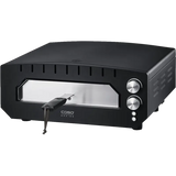 Der CASO 2249 PizzaChef 400° Pizza-Ofen von CASO ist ein schwarzer Aufsatzofen mit zwei silbernen Drehreglern, Pizzastein, Ober-/Unterhitze, einem Glasfenster auf der Frontplatte und 2000W Leistung.