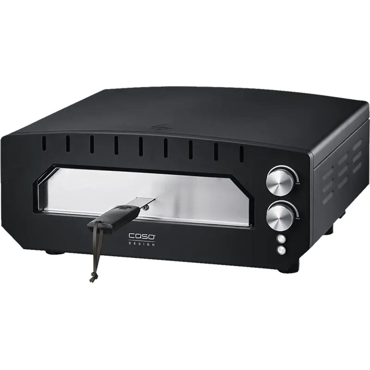 Der CASO 2249 PizzaChef 400° Pizza-Ofen von CASO ist ein schwarzer Aufsatzofen mit zwei silbernen Drehreglern, Pizzastein, Ober-/Unterhitze, einem Glasfenster auf der Frontplatte und 2000W Leistung.