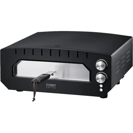 Der CASO 2249 PizzaChef 400° Pizza-Ofen von CASO ist ein schwarzer Aufsatzofen mit zwei silbernen Drehreglern, Pizzastein, Ober-/Unterhitze, einem Glasfenster auf der Frontplatte und 2000W Leistung.