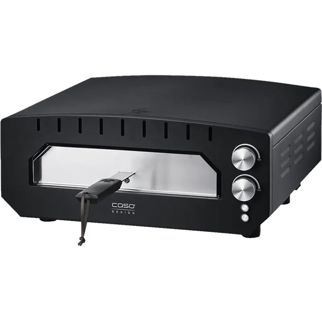 Der CASO 2249 PizzaChef 400° Pizza-Ofen von CASO ist ein schwarzer Aufsatzofen mit zwei silbernen Drehreglern, Pizzastein, Ober-/Unterhitze, einem Glasfenster auf der Frontplatte und 2000W Leistung.