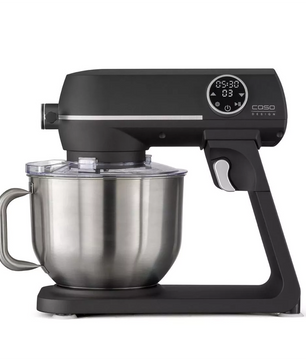 Die CASO KM 1800 Küchenmaschine in schwarz von CASO verfügt über eine 6-Liter-Edelstahlschüssel, digitales Display für Zeit und Einstellungen sowie ein leistungsstarkes Planetenrührwerk für gründliches Mischen.