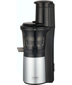 Der CASO Entsafter Slowjuicer SJW 300 in Schwarz hat einen transparenten Behälter und steht vor einem hellen Hintergrund - ideal für den Erhalt der Vitamine in Ihrem frischen Saft.