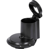 Ein schlichter schwarzer Filterhalter mit geöffnetem Deckel gibt das leere Kaffeesatzfach frei und passt zu modernen Küchen und Geräten wie dem CASO Entsafter Slowjuicer SJW 300 - schwarz von CASO.