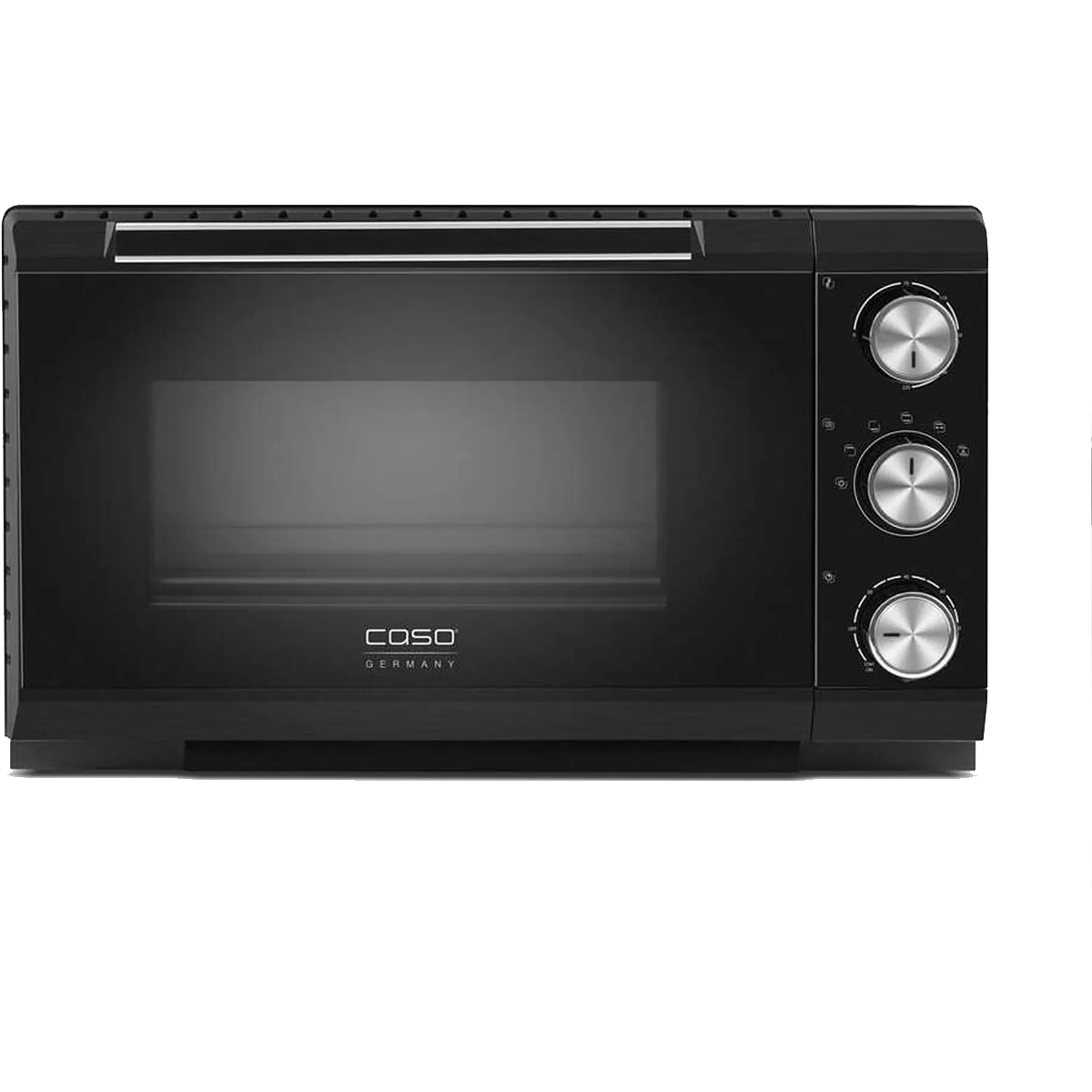 Der CASO TO 20 Mini-Backofen in schwarz hat eine transparente Fronttür, drei silberne Bedienknöpfe auf der rechten Seite und das CASO-Logo mittig unter dem Sichtfenster, das den stilvollen Design-Backofen-Look unterstreicht.