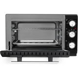 Der CASO TO 20 Mini-Backofen in Schwarz hat ein schwarz-silbernes Design, eine offene Fronttür, einen Drahtrost, ein Backblech und drei Drehregler auf der rechten Seite - ideal für bequemes Umluftgaren.