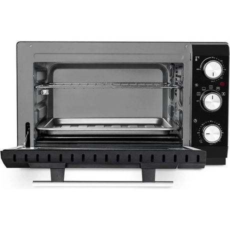 Der CASO TO 20 Mini-Backofen in Schwarz hat ein schwarz-silbernes Design, eine offene Fronttür, einen Drahtrost, ein Backblech und drei Drehregler auf der rechten Seite - ideal für bequemes Umluftgaren.