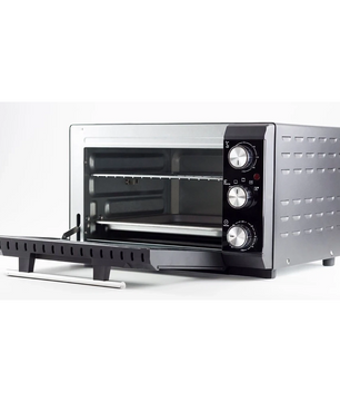 Der CASO TO 20 Mini-Backofen - schwarz von CASO verfügt über eine Glastür, ein Innengitter und zwei Bedienknöpfe an der rechten Seite. Dieser stilvolle schwarze Ofen bietet Umluft für gleichmäßiges Backen, abgebildet auf einem schlichten weißen Hintergrund.