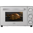 Der CASO TO 32 SilverStyle in Silber verfügt über eine Glastür, die ein ganzes Brathähnchen auf einem Grill mit Rotisserie zeigt. Drei Drehregler und eine Kontrollleuchte auf der rechten Seite unterstreichen das schlichte, moderne Design des Ofens.