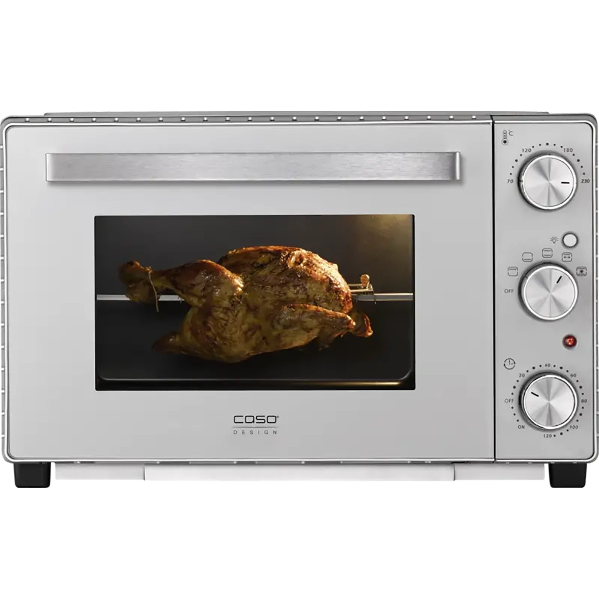 Der CASO TO 32 SilverStyle in Silber verfügt über eine Glastür, die ein ganzes Brathähnchen auf einem Grill mit Rotisserie zeigt. Drei Drehregler und eine Kontrollleuchte auf der rechten Seite unterstreichen das schlichte, moderne Design des Ofens.