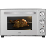 Der CASO TO 32 SilverStyle in Silber verfügt über eine Glastür, die ein ganzes Brathähnchen auf einem Grill mit Rotisserie zeigt. Drei Drehregler und eine Kontrollleuchte auf der rechten Seite unterstreichen das schlichte, moderne Design des Ofens.