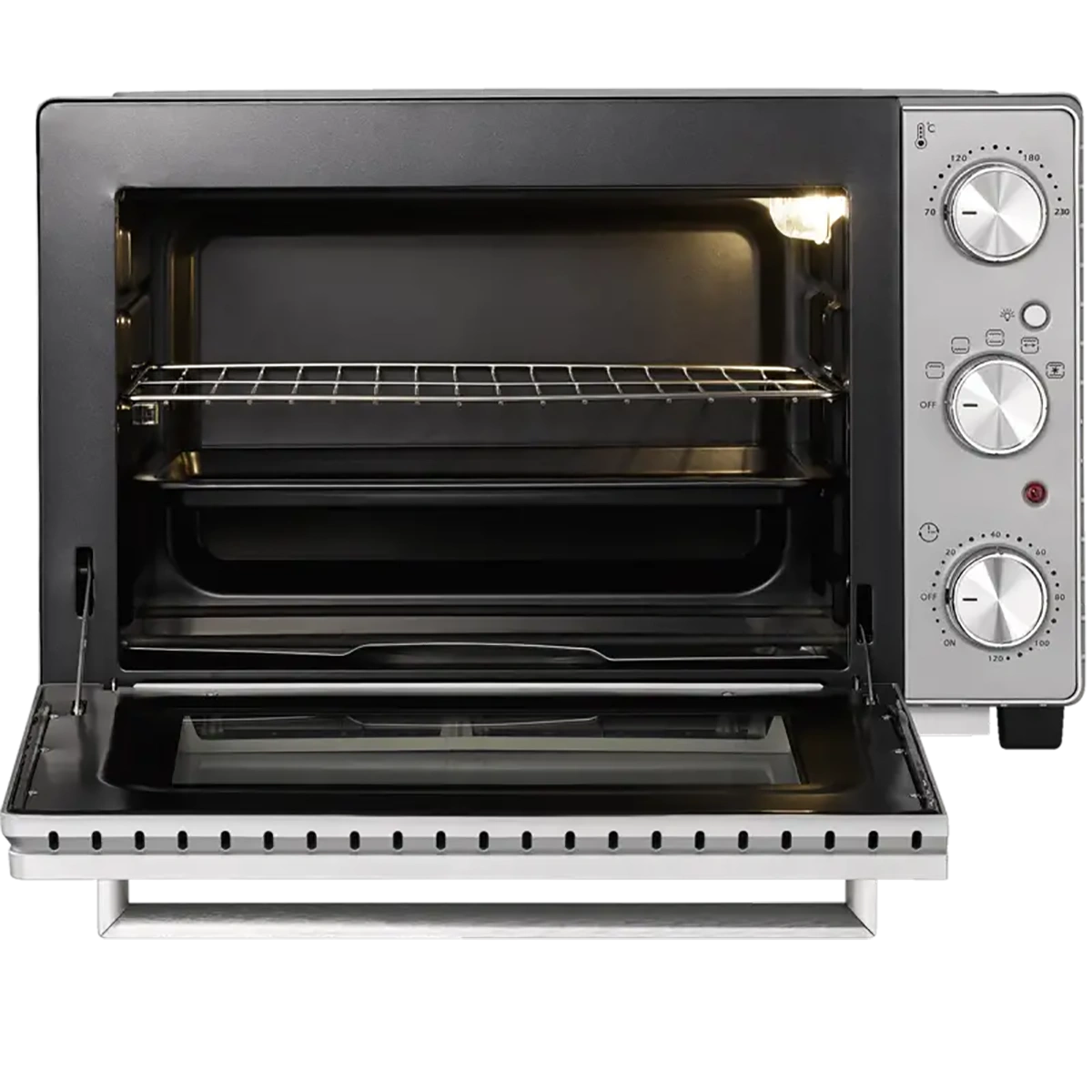 Der CASO TO 32 SilverStyle (silber) Aufsatz-Minibackofen ist mit geöffneter Tür abgebildet, die zwei Einschübe im Inneren freigibt. Auf dem rechten Bedienfeld befinden sich drei Drehregler für Temperatur, Umluftfunktion und Zeitschaltuhr. Das Backofenlicht ist beleuchtet.