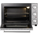 Der CASO TO 32 SilverStyle (silber) Aufsatz-Minibackofen ist mit geöffneter Tür abgebildet, die zwei Einschübe im Inneren freigibt. Auf dem rechten Bedienfeld befinden sich drei Drehregler für Temperatur, Umluftfunktion und Zeitschaltuhr. Das Backofenlicht ist beleuchtet.