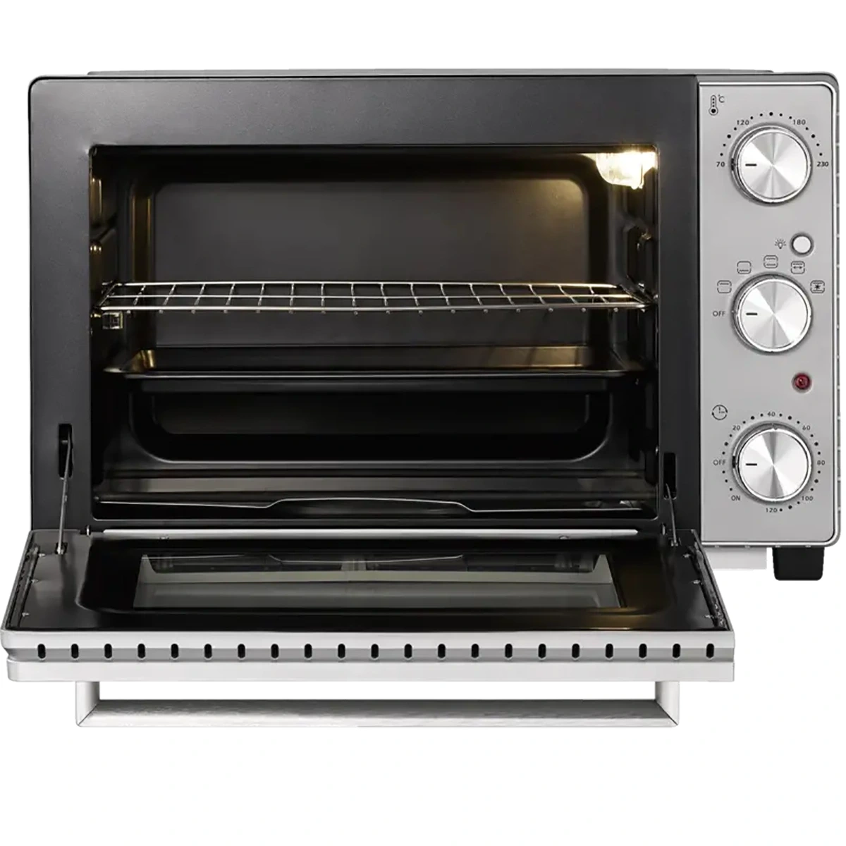 Der CASO TO 32 SilverStyle Mini-Backofen in Schwarz und Silber verfügt über einen Drahtrost, rechtsseitige Bedienknöpfe, Umluftfunktion für gleichmäßiges Backen und ist mit geöffneter Tür abgebildet.