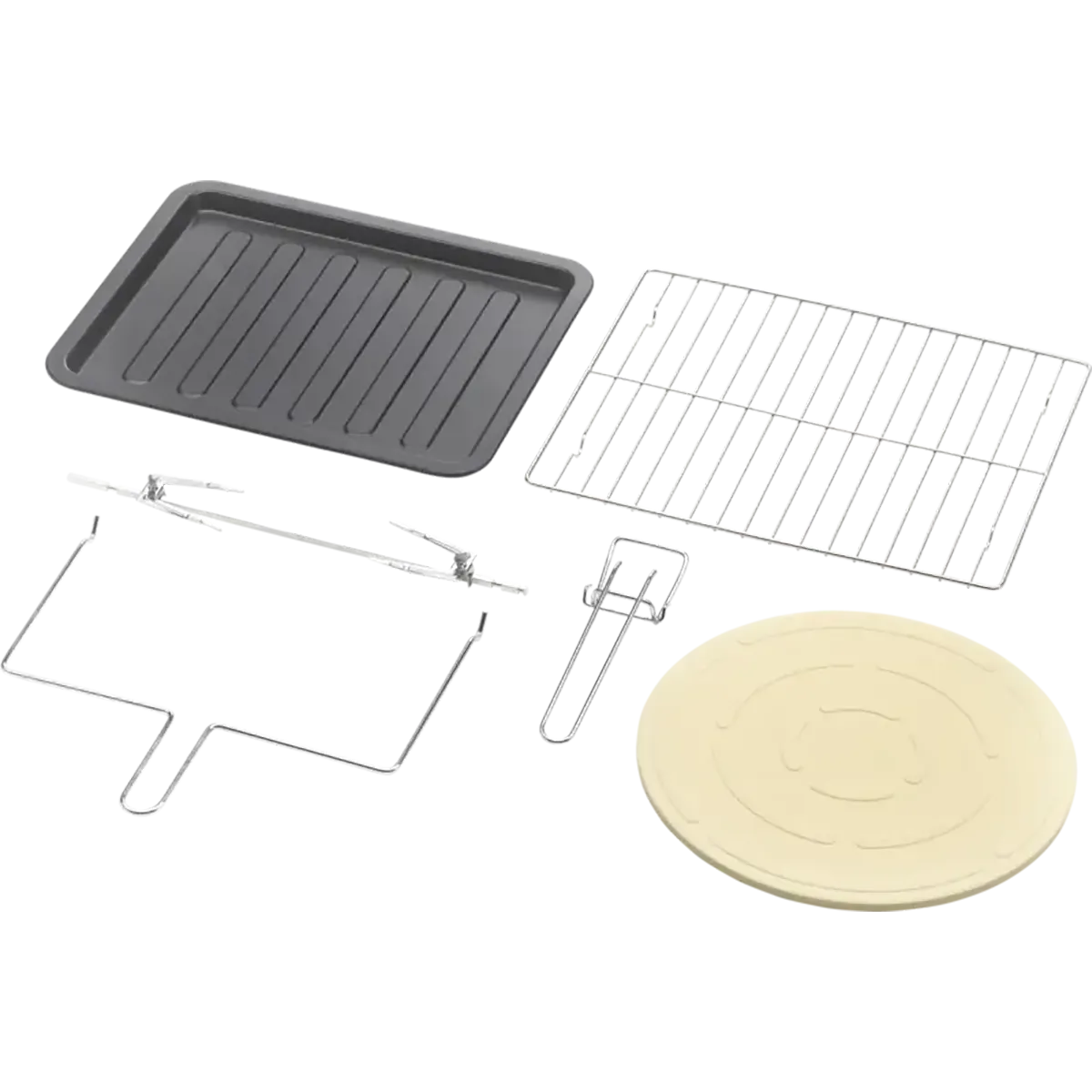 Abgebildet sind fünf Zubehörteile für den CASO TO 32 SilverStyle Backofen: ein schwarzes Backblech, ein Drahtgestell, ein runder Pizzastein, ein Grill mit Drehspieß und ein Drahtgriff - alles auf weißem Hintergrund.
