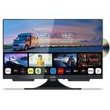 Der Cello 22″ Smart 12V mit DVD LED TV (22 Zoll, Full-HD) zeigt den webOS Hub mit Netflix, YouTube und Prime Video Apps. Ein eingebauter DVD-Player ist sichtbar, wenn eine Disc teilweise in diesen vielseitigen Reisefernseher eingelegt wird.
