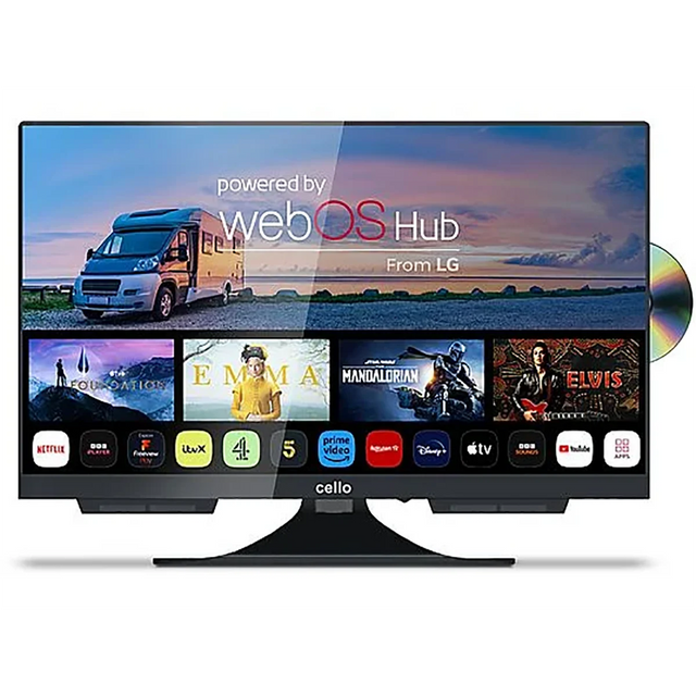 Der Cello 22″ Smart 12V mit DVD LED TV (22 Zoll, Full-HD) zeigt den webOS Hub mit Netflix, YouTube und Prime Video Apps. Ein eingebauter DVD-Player ist sichtbar, wenn eine Disc teilweise in diesen vielseitigen Reisefernseher eingelegt wird.