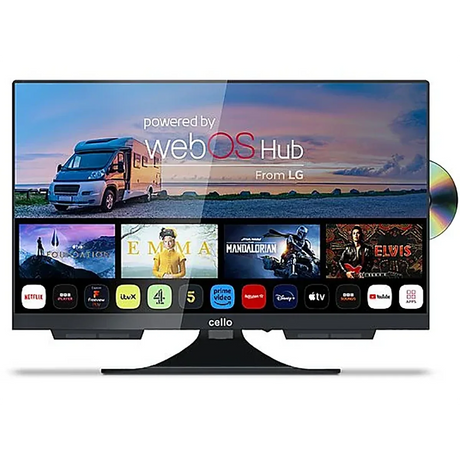 Der CELLO 22″ Smart 12V mit DVD LED TV von Cello (22 Zoll, Full-HD) bietet webOS Hub für Streaming-Apps und einen seitlichen DVD-Player - perfekt als Traveller TV für unterwegs mit 12-Volt-Anschluss.