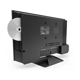 Rückansicht des Cello 22″ Smart 12V mit DVD LED TV: eine Disc ist teilweise in den linken DVD-Schacht eingelegt. Der hintere Standfuß und die Anschlüsse sind sichtbar, ideal für jedes Traveler TV-Setup. Marke: Cello.