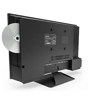 Rückseite eines Cello 22″ Smart 12V mit DVD LED TV (22 Zoll / 55 cm, Full-HD, SMART TV) mit integriertem DVD-Player und einer teilweise in den Schlitz eingelegten DVD.