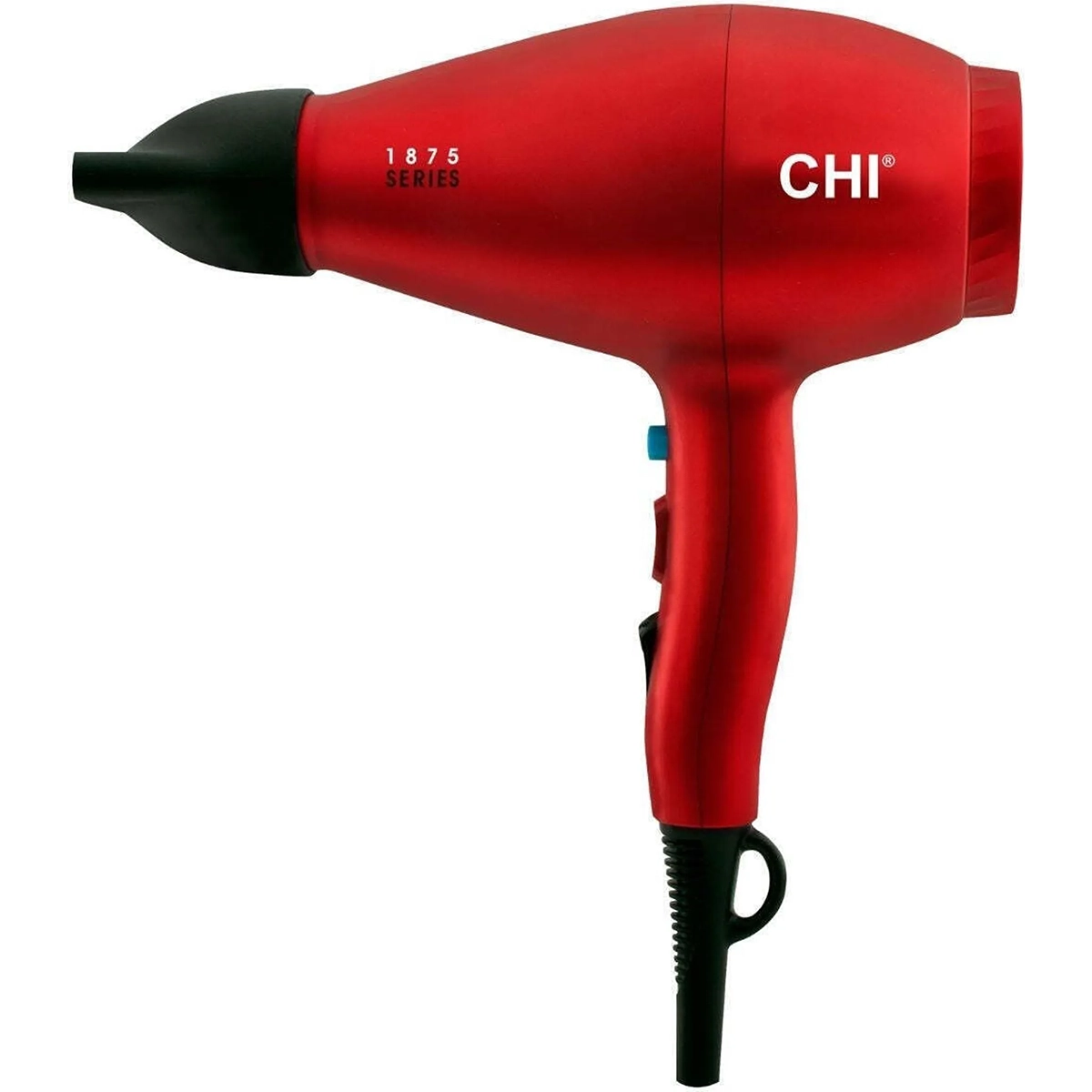 Der CHI Advanced Ionic Compact Haartrockner von CHI verfügt über eine schwarze Düse, ein schwarzes Kabel und einen blauen Netzschalter für kraftvolles Trocknen und Frizz-Reduzierung.