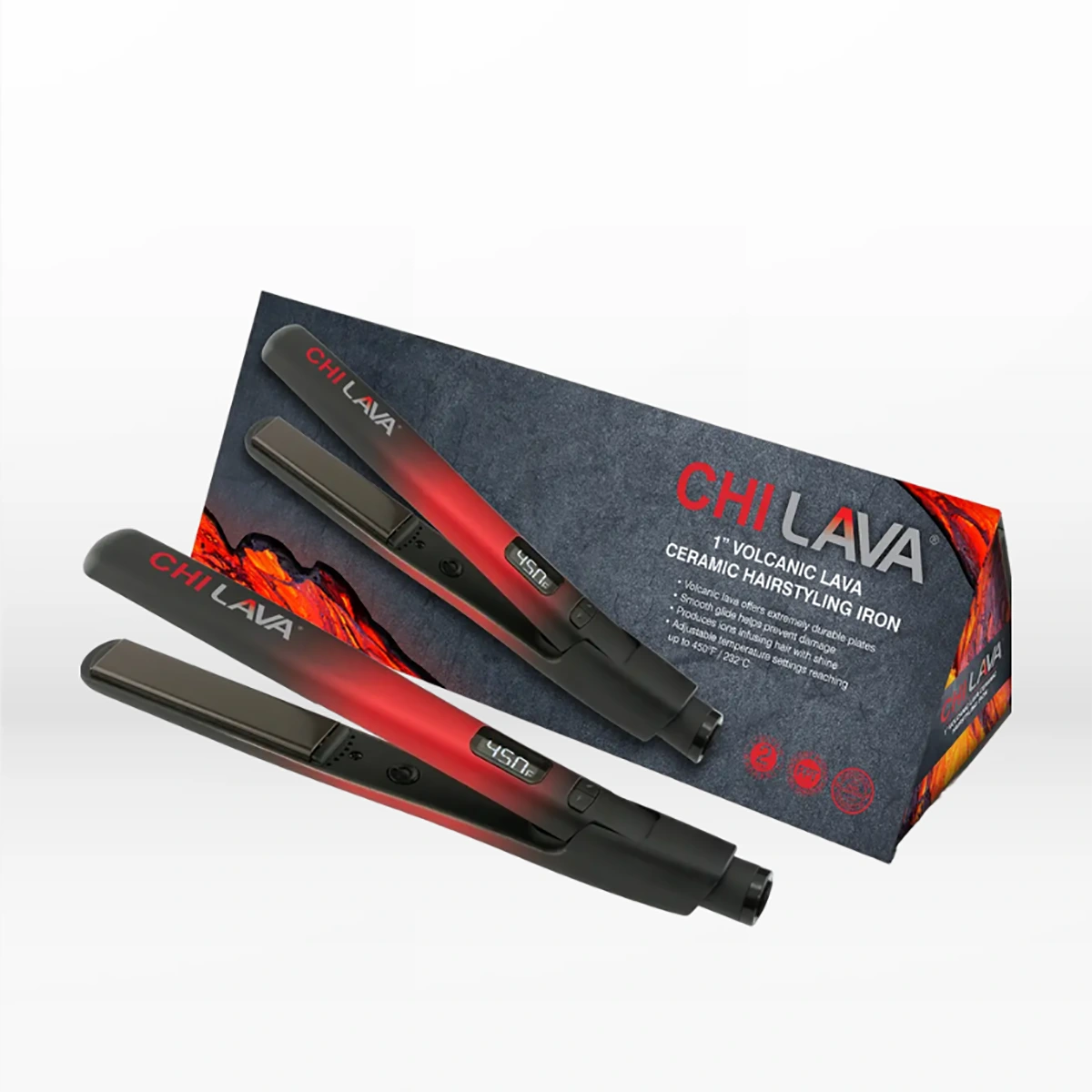 Die CHI Lava 2.0 Haarglätter von CHI, in Rot und Schwarz mit innovativen Lava-Mineralplatten, werden vor ihrer gebrandeten Verpackungsbox gezeigt.