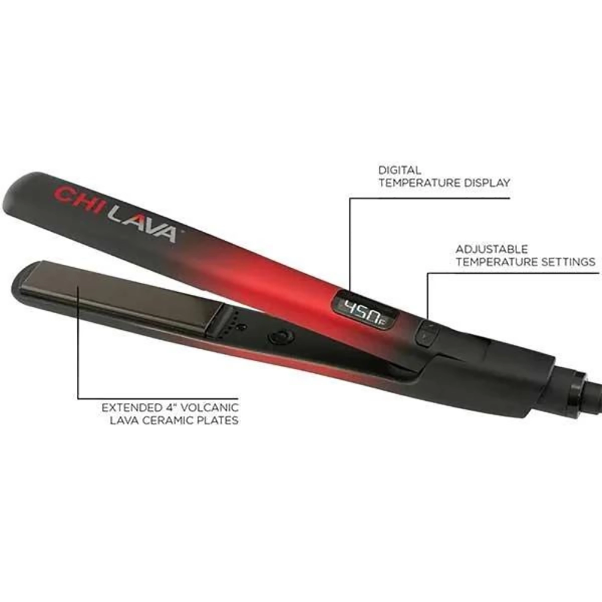 Das CHI Lava 2.0 Hairstyling Iron von CHI ist in Rot und Schwarz gehalten und verfügt über beschriftete Funktionen und eine digitale Temperaturanzeige.