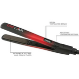 Das CHI Lava 2.0 Hairstyling Iron von CHI ist in Rot und Schwarz gehalten und verfügt über beschriftete Funktionen und eine digitale Temperaturanzeige.