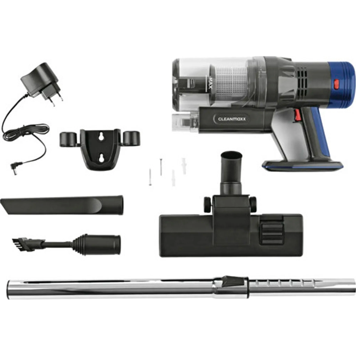 Das CLEANmaxx Kabelloser Hand- und Bodenstaubsauger-Set in Blau mit Hauptgerät, Wandhalterung, Netzteil, Schrauben, Verlängerungsrohr, Bodenbürste, Fugendüse und Bürstenaufsatz ist ordentlich auf weißem Hintergrund arrangiert.